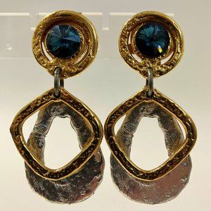Smokey Blue Crystal Earrings Clip On Unique Handmade Silver Gold Plated Dangle